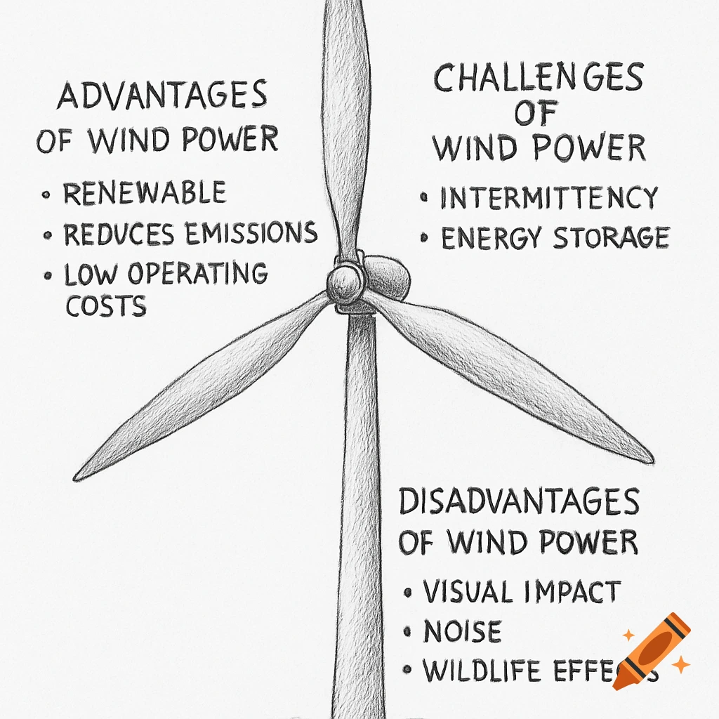 A pencil sketch diagram of a wind turbine with text boxes listing advantages, challenges, and disadvantages of wind power.
