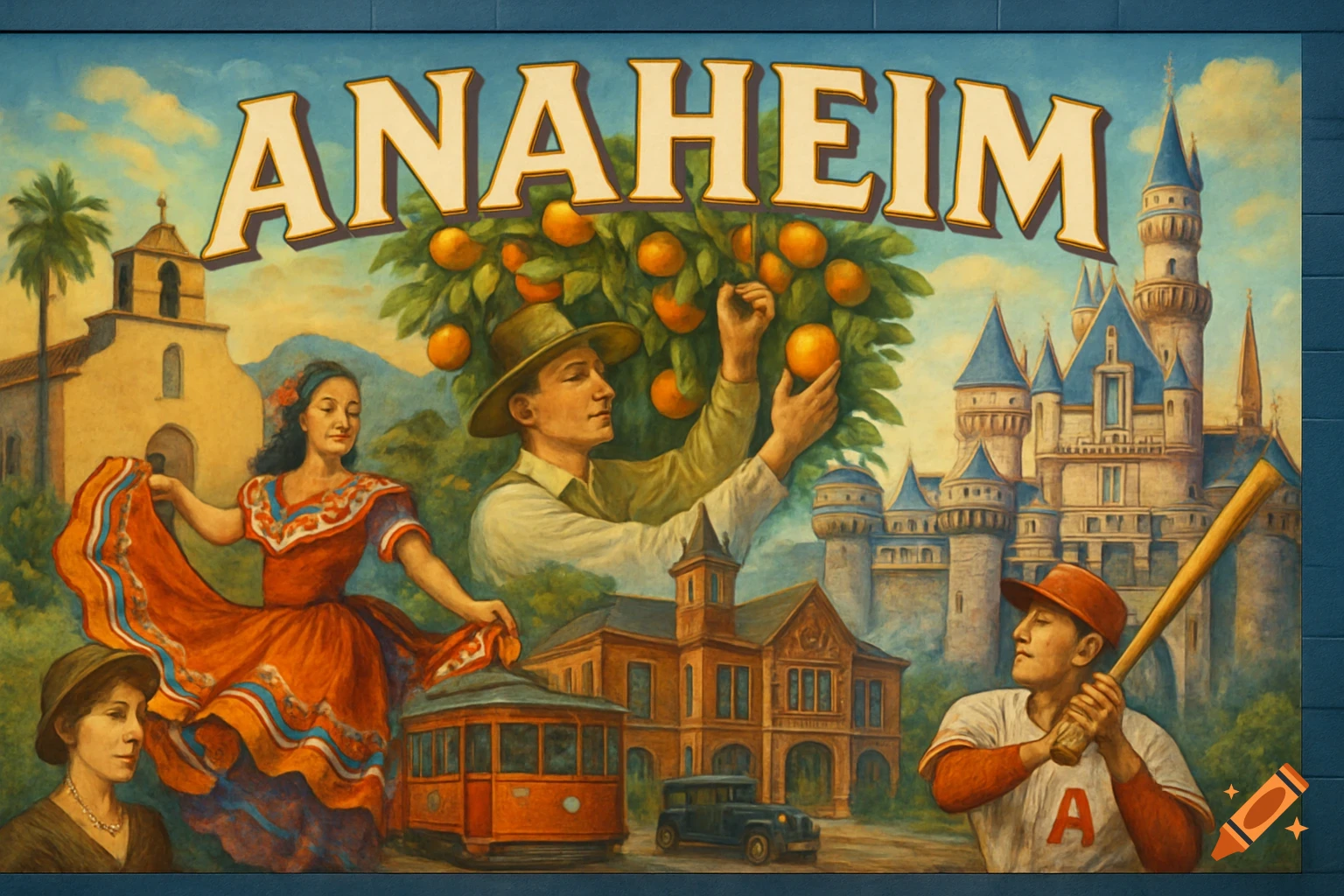 Painted mural of Anaheim, CA history and culture, showing people, buildings, oranges, a trolley, and a baseball player.