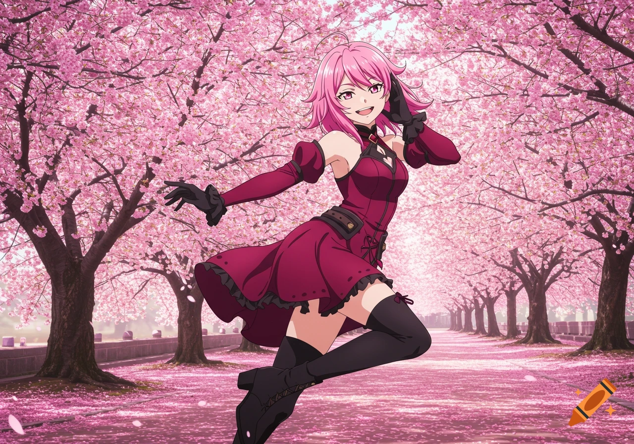 Anime character posing on a path lined with cherry blossom trees, animated style.