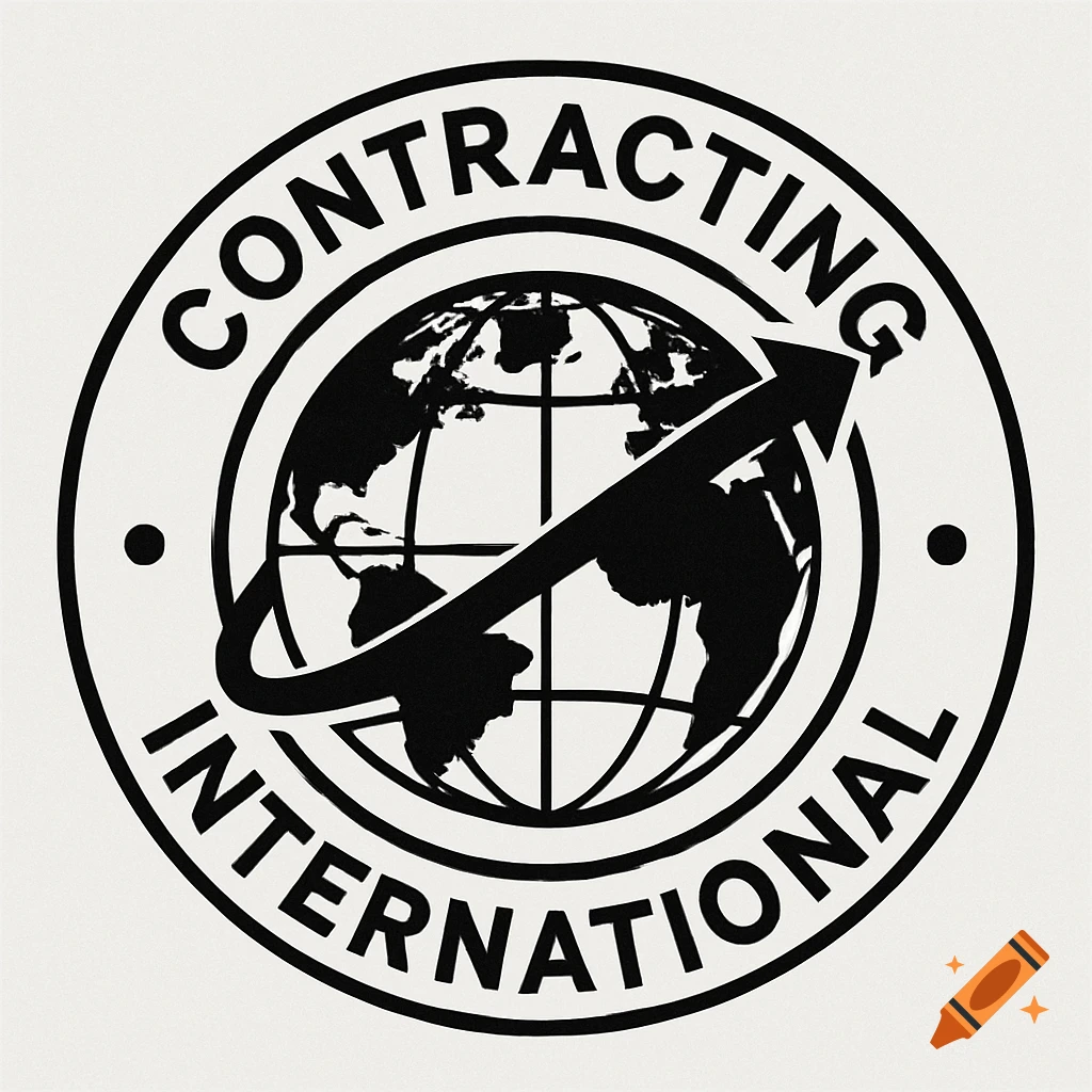 Black and white circular logo with a globe, an arrow, and the text "Contracting International".