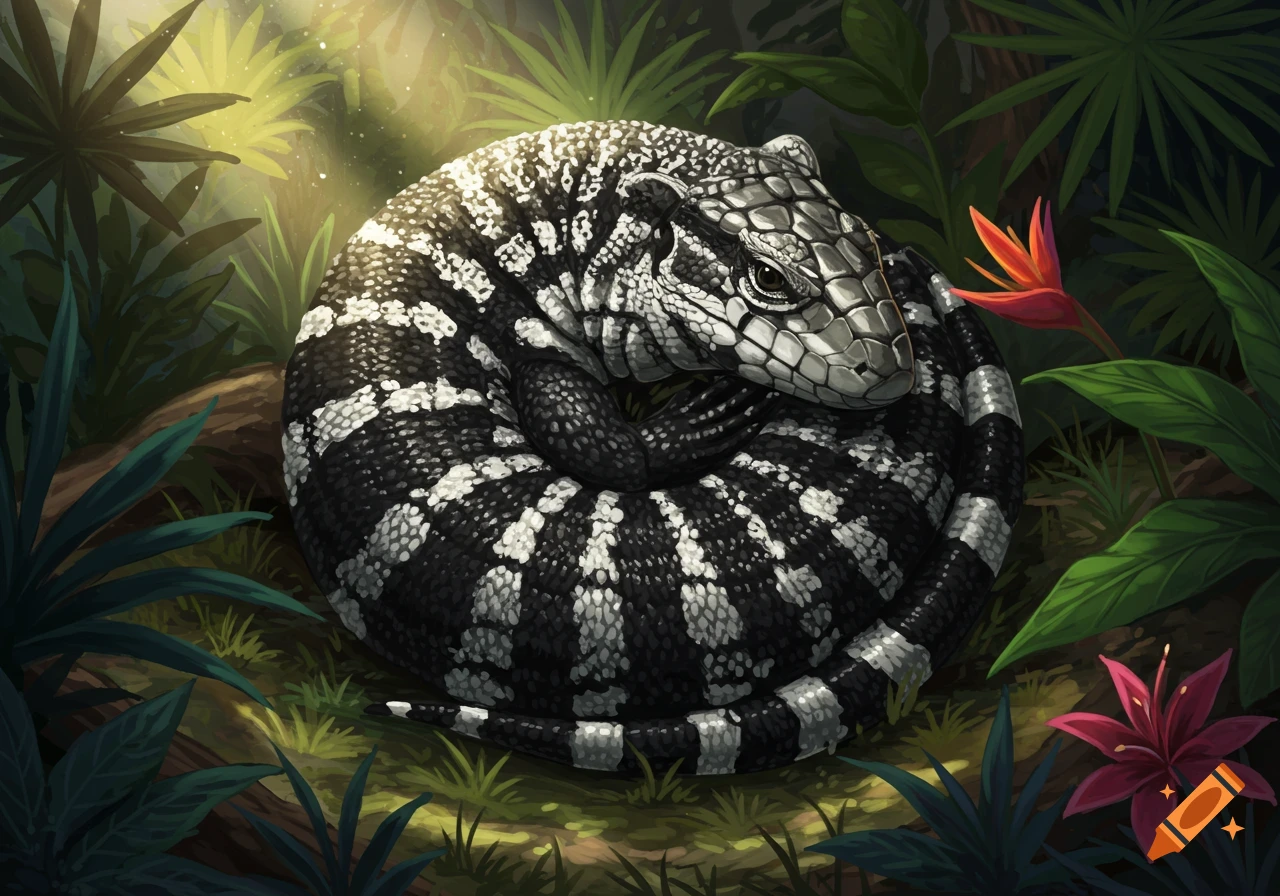 A black and white tegu lizard curled up in a lush jungle environment, illustration style.