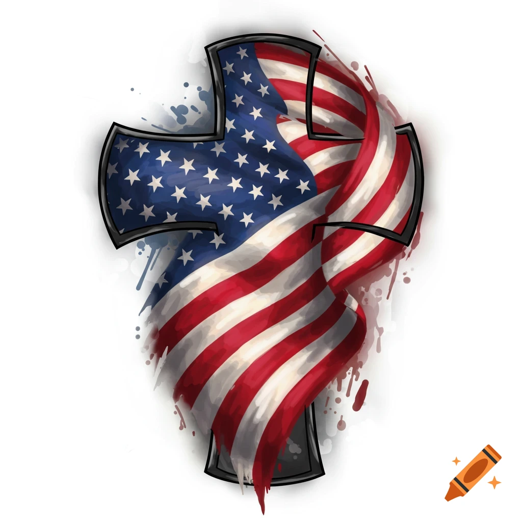 Stylized American flag inside a cross shape with paint splatters