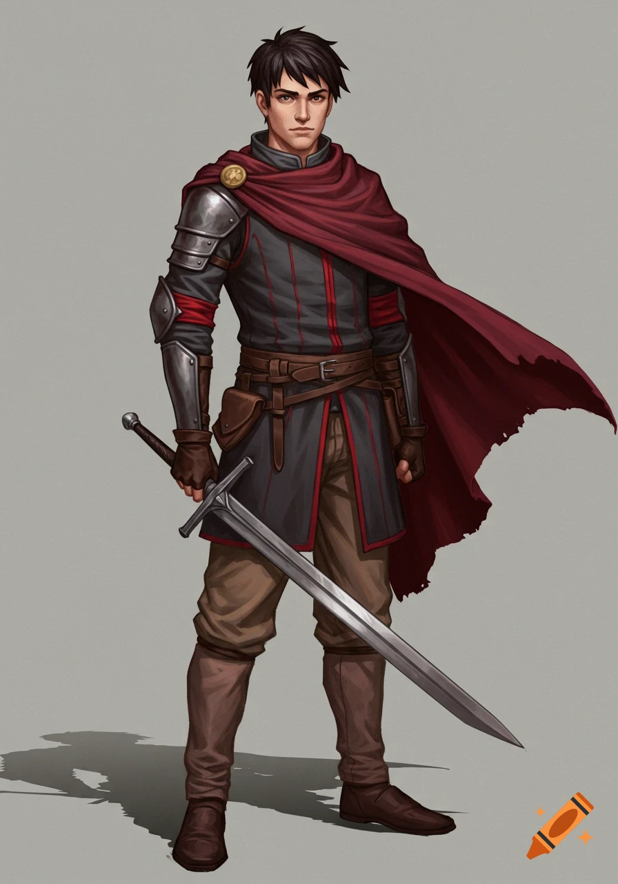A young man in fantasy armor and a red cape holds a sword.
