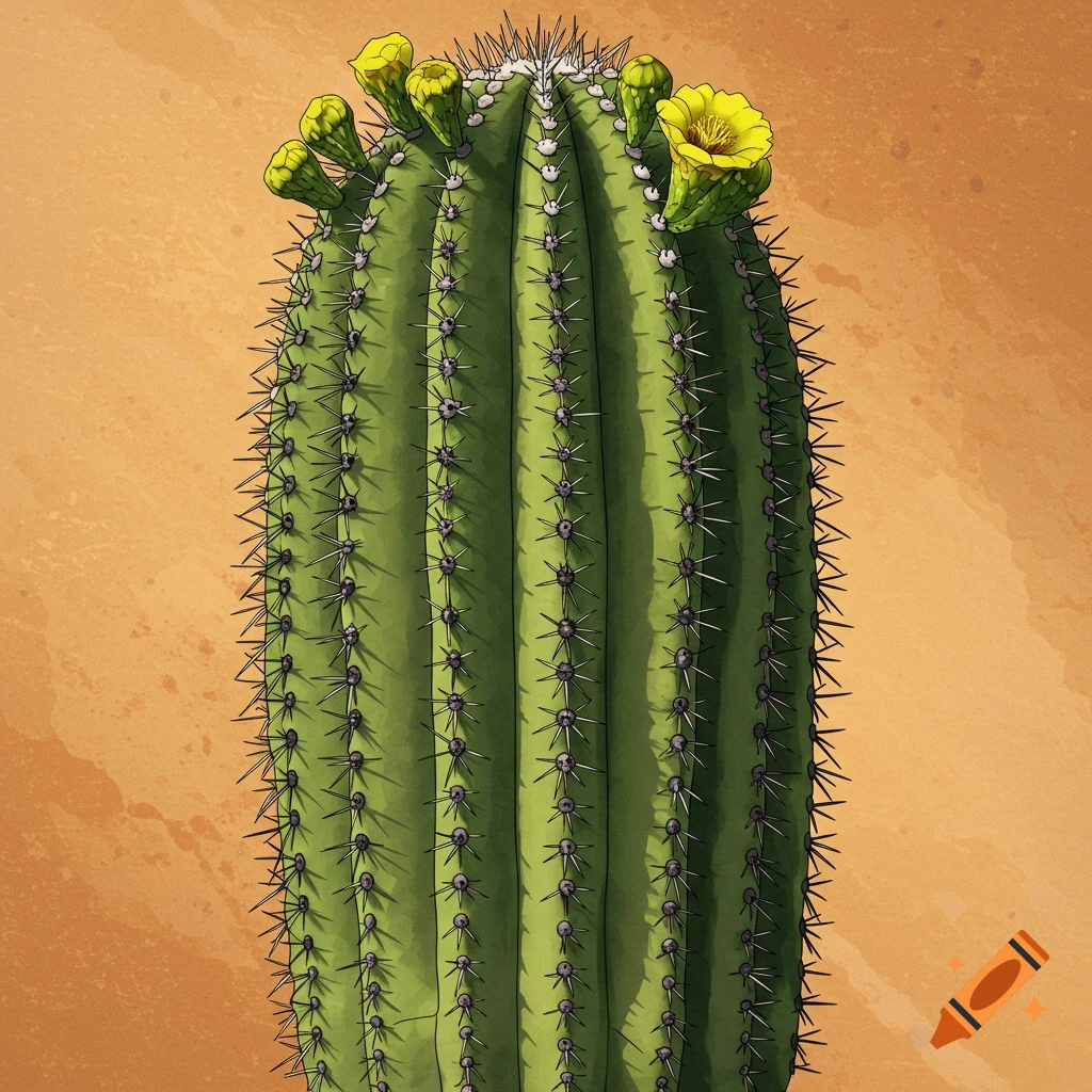Close-up illustration of a saguaro cactus with yellow flowers blooming at the top.