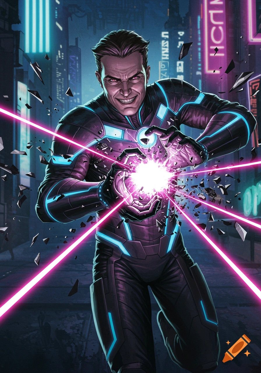 Super villain creating energy blasts in a cyberpunk city, comic art style