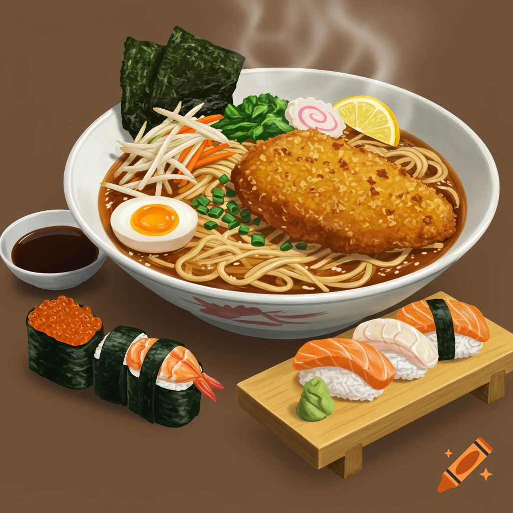 Illustration of a ramen bowl with fried fish and side sushi (salmon, shrimp, roe) on a wooden board.
