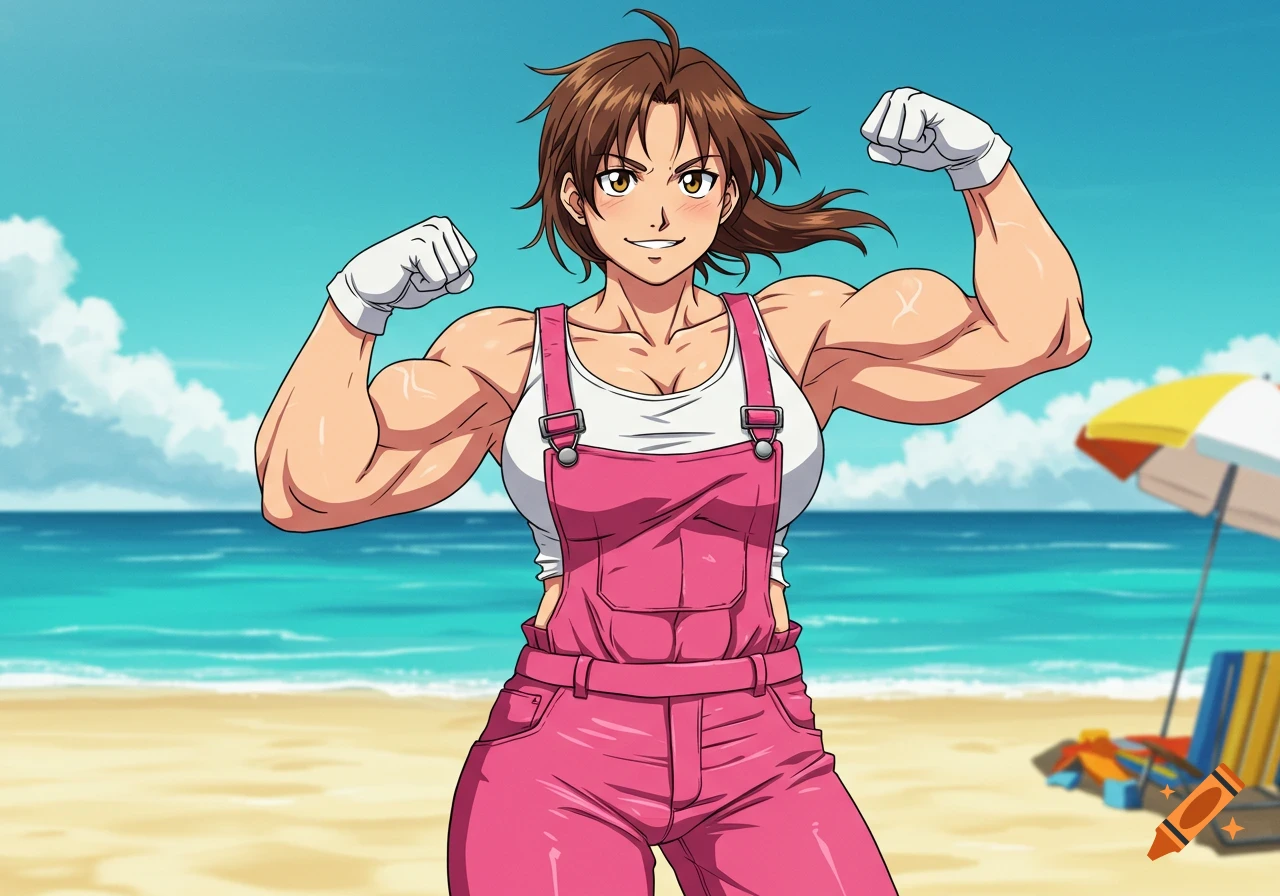 Anime illustration of a muscular woman in pink overalls flexing her biceps on a sunny beach.