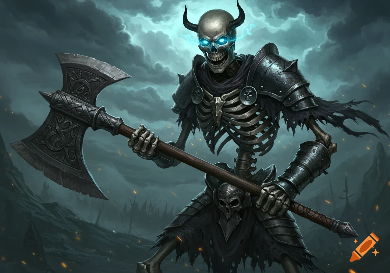 Skeleton warrior in black armor with glowing blue eyes and horns holds a large axe in a gloomy fantasy setting.