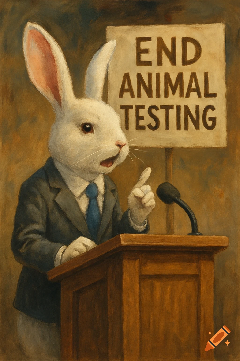 Painting of a rabbit in a suit giving a speech at a podium with an 'END ANIMAL TESTING' sign.