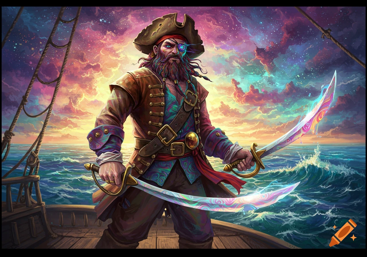 A colorful pirate stands on a ship holding two glowing swords under a vibrant, cloudy sky.