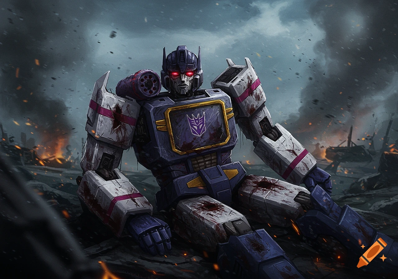 Damaged Soundwave robot sits in a destroyed battlefield.