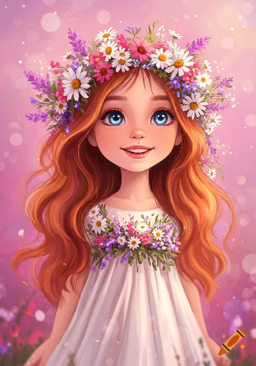 Cartoon illustration of a young girl with red hair wearing a flower crown  and a white dress with flowers, pink background. on Craiyon