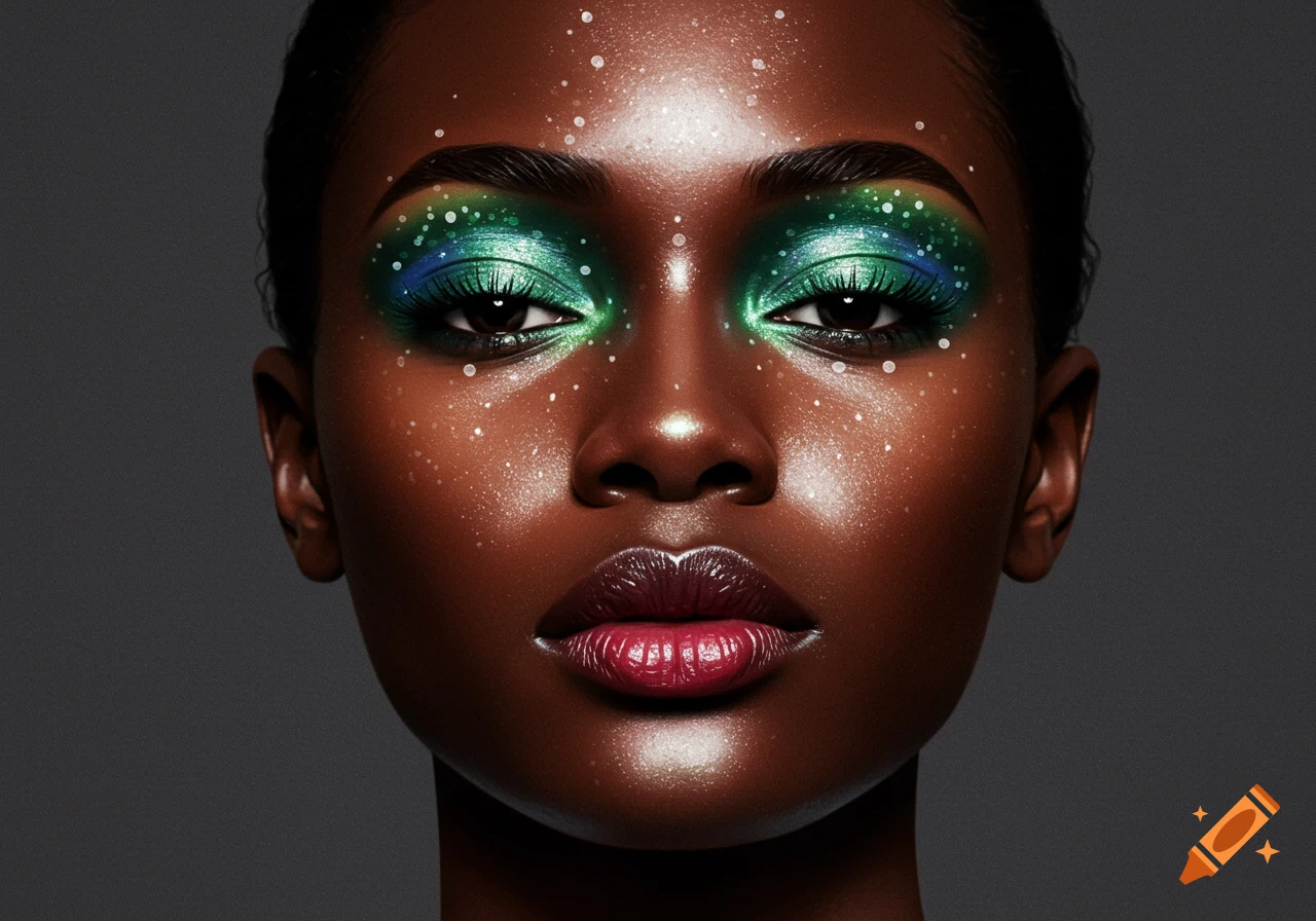 A close-up portrait of a person with green and blue eyeshadow and sparkling white dots on their face.