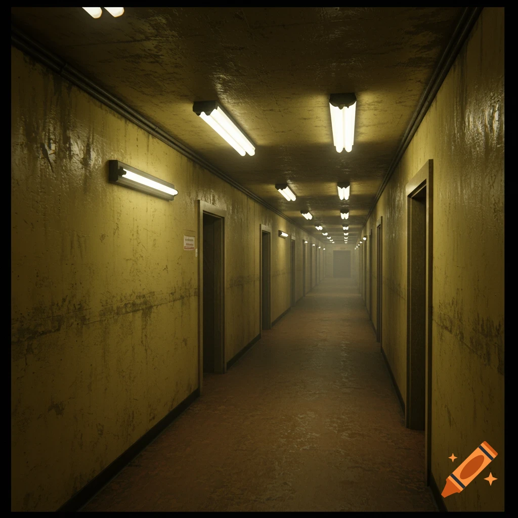 Long, dimly lit hallway with yellow walls, doors, and fluorescent lights stretching into the distance.