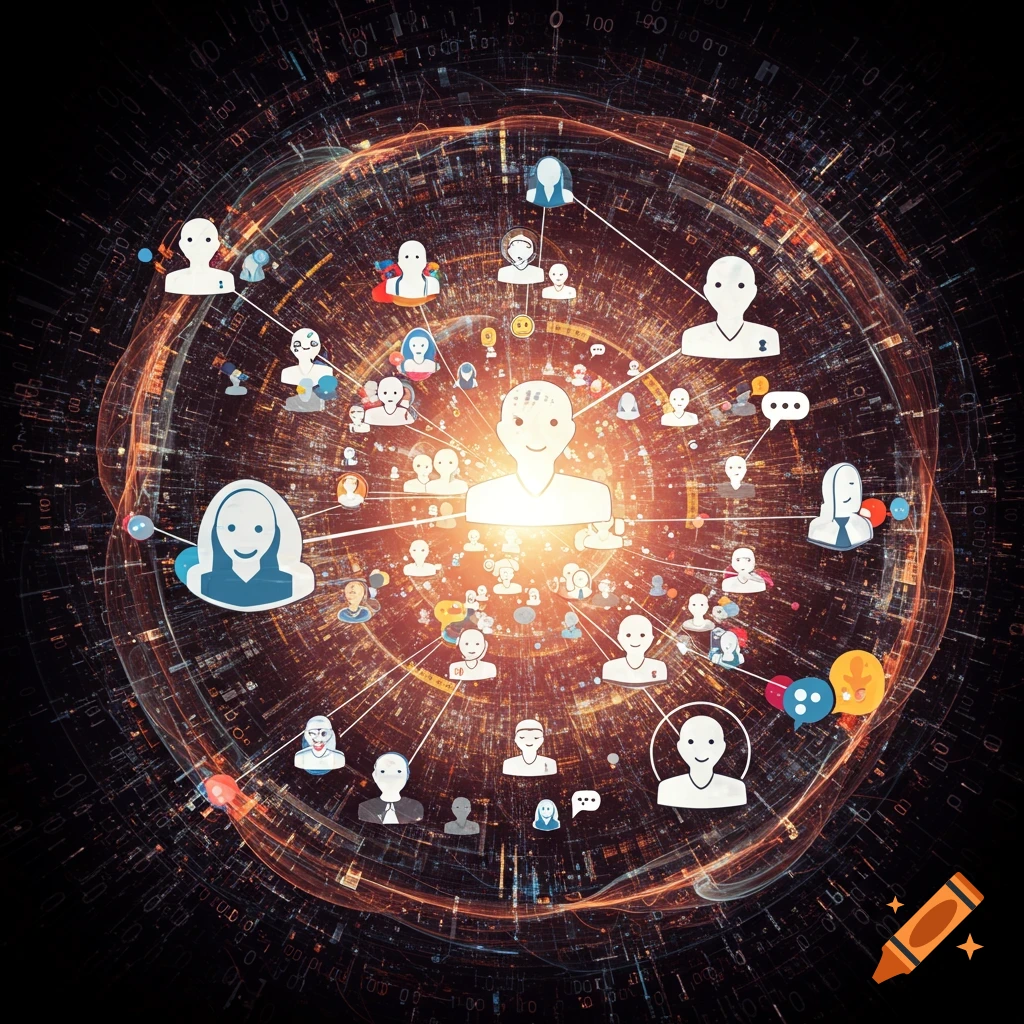 Abstract network of stylized user icons connected by lines within a digital sphere.