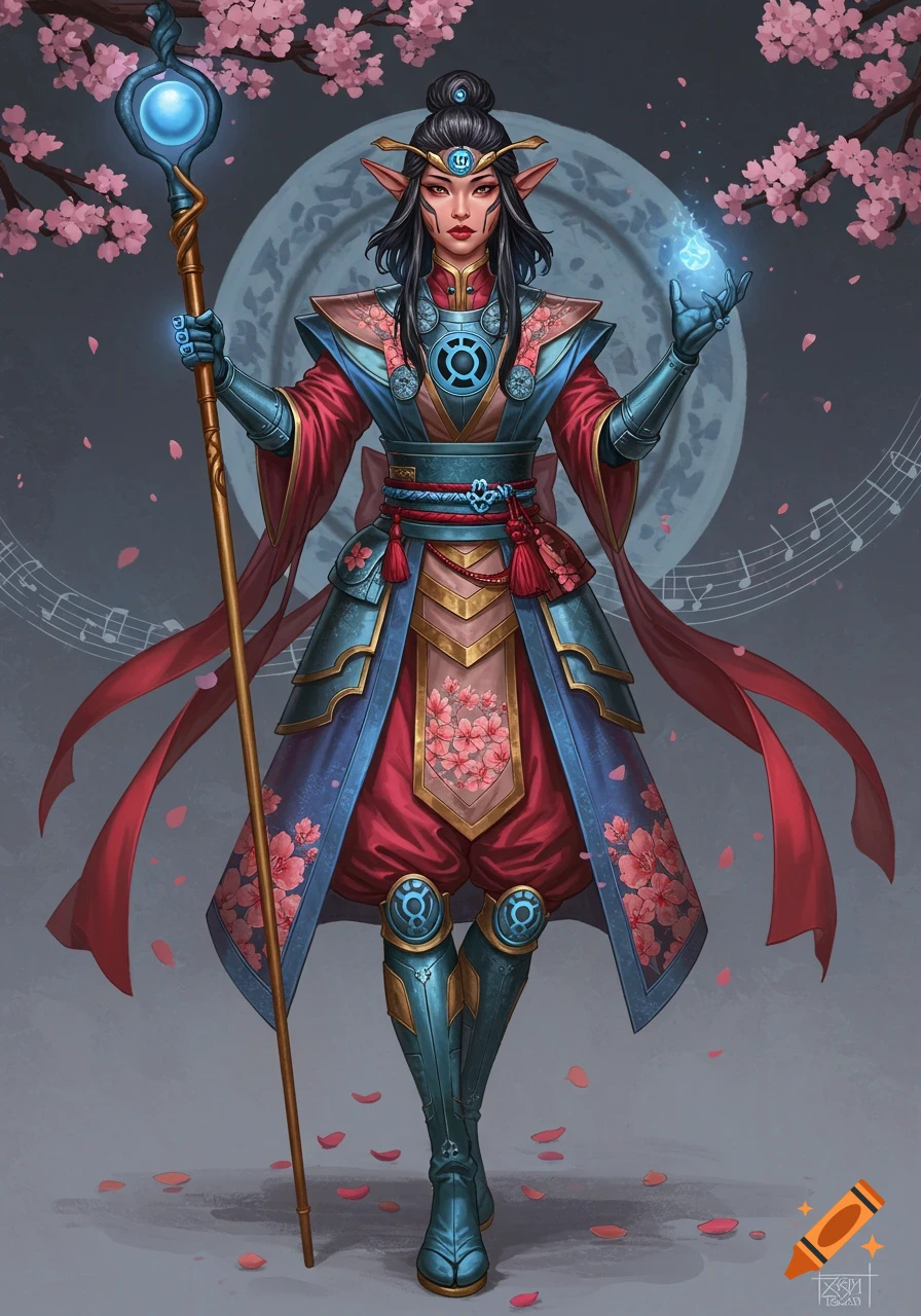 Fantasy character with elf ears in blue and red ornate armor with cherry blossoms, holding a glowing staff.