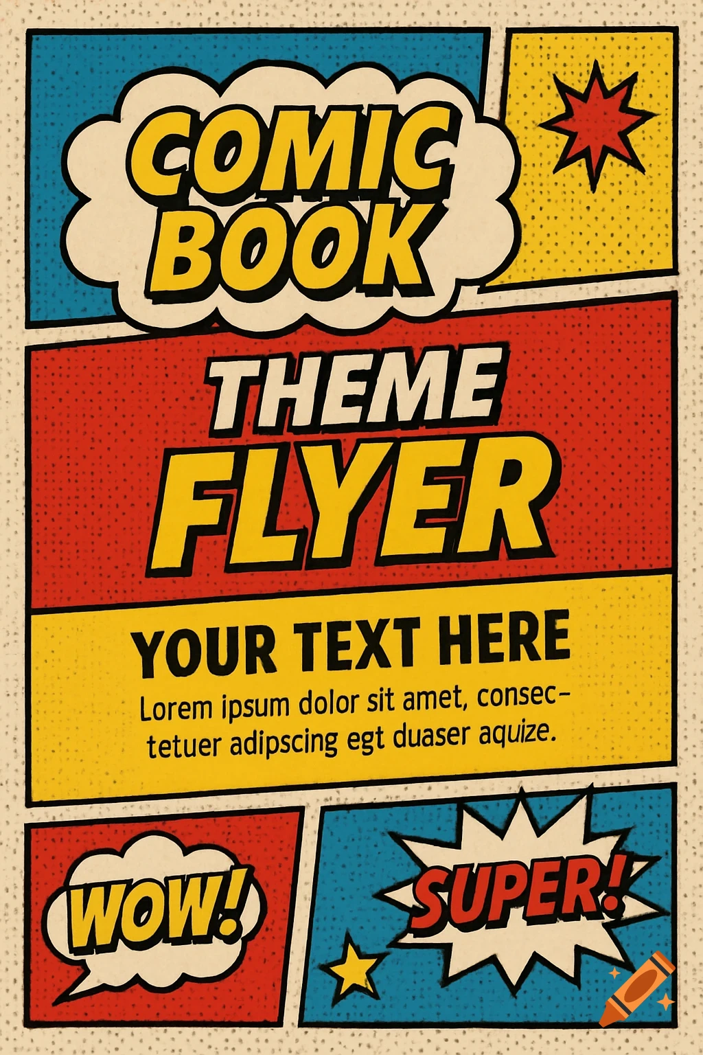 Comic book style flyer template with text