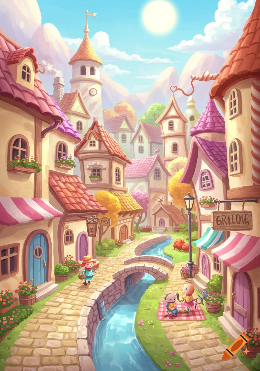 Vibrant, stylized illustration of a cheerful village street scene with cartoon characters, colorful buildings, stream, and mountains.