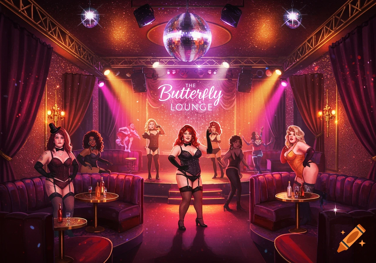 A glamorous nightclub with red velvet, glitter, disco balls, and performers in lingerie on and around a stage.