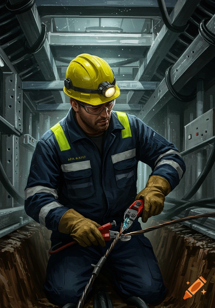 Man in hard hat and work uniform cutting thick electrical cables underground.