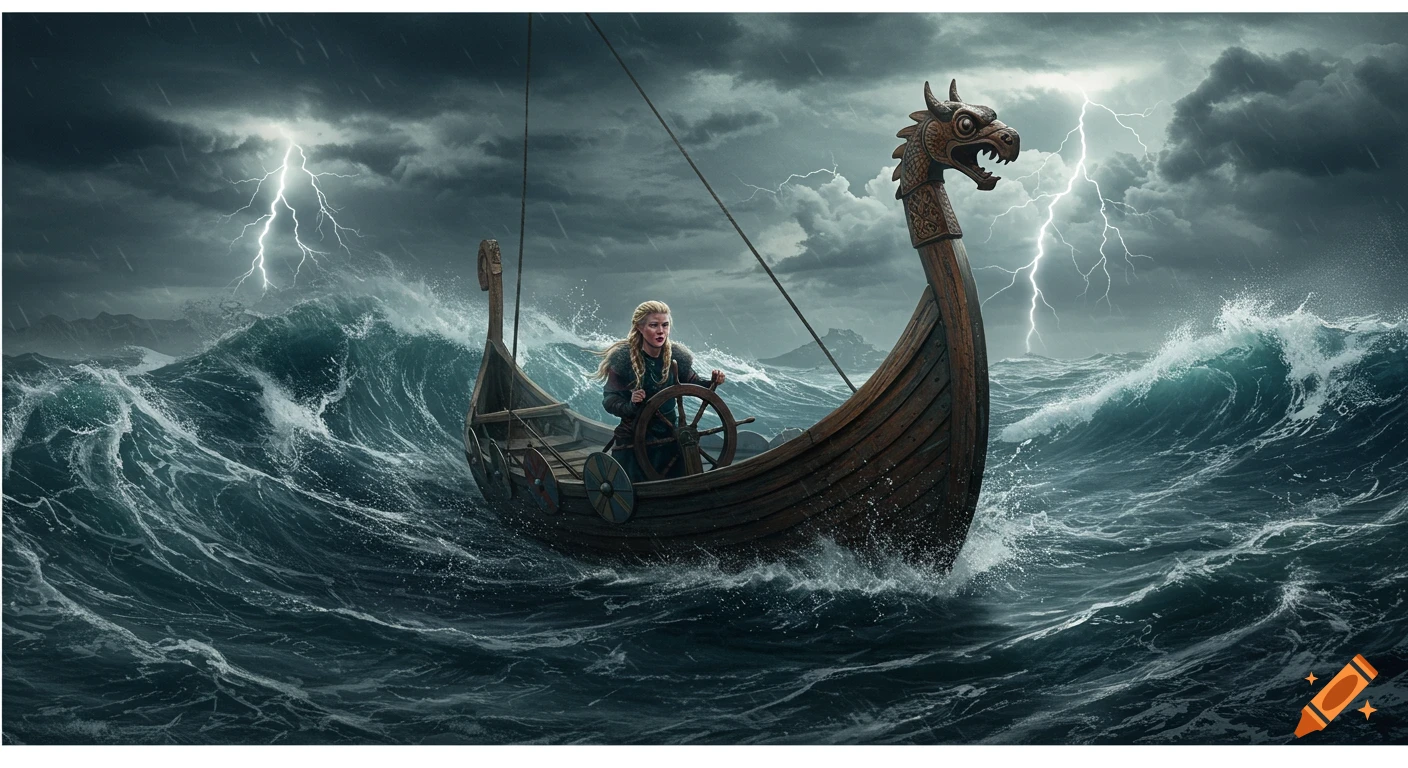 A viking woman steers a longship through a stormy sea with large waves and lightning.