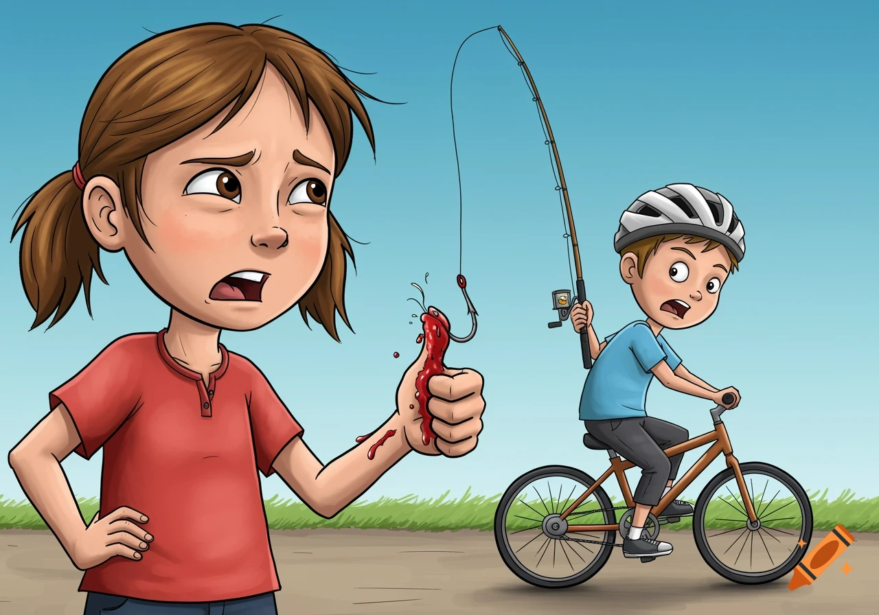 Cartoon illustration of a girl with a fishing hook in her thumb, looking upset, as a boy rides by on a bike with a fishing rod.