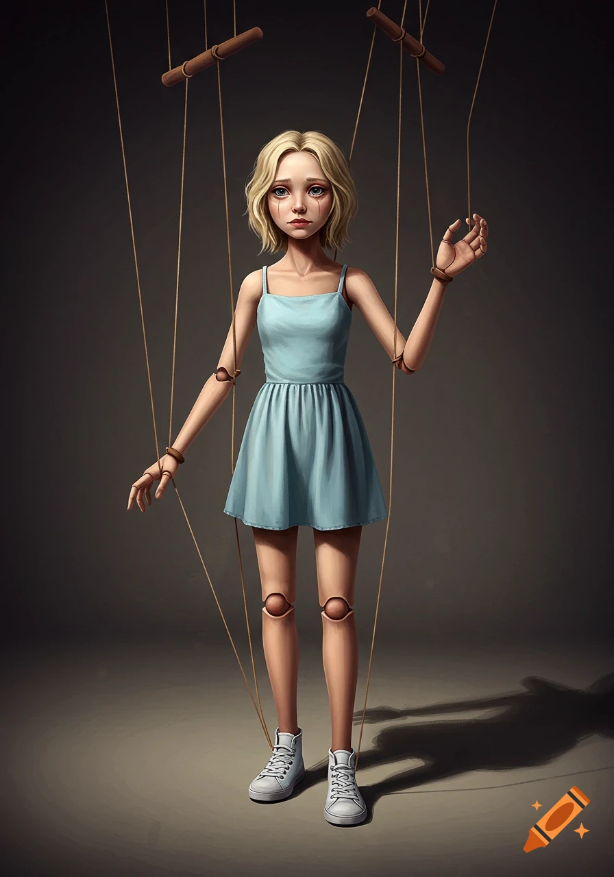 A realistic marionette puppet of a blonde girl in a blue dress, controlled by strings.