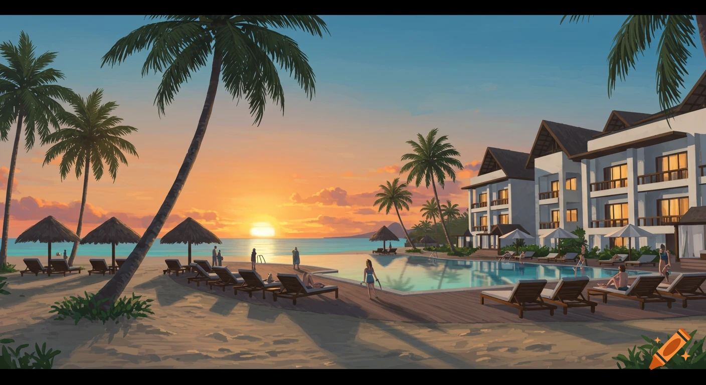 Resort on a tropical beach at sunset with palm trees, pool, and people relaxing.