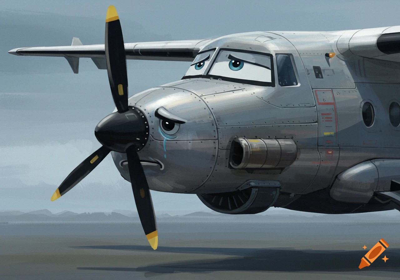 A sad turboprop airplane with a cartoon face sheds a tear.