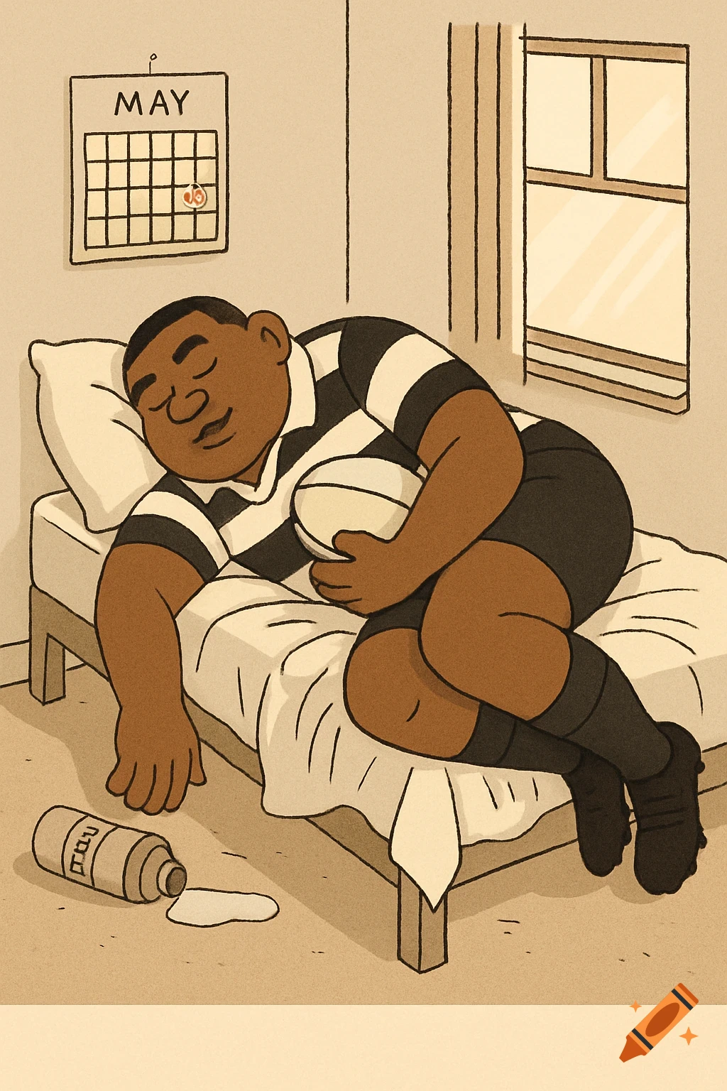 Cartoon illustration of a sleeping rugby player holding a ball on a bed, with a spilled drink and a calendar.