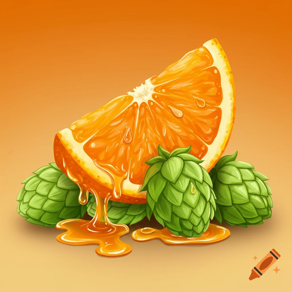 Stylized illustration of an orange slice dripping onto hop buds.