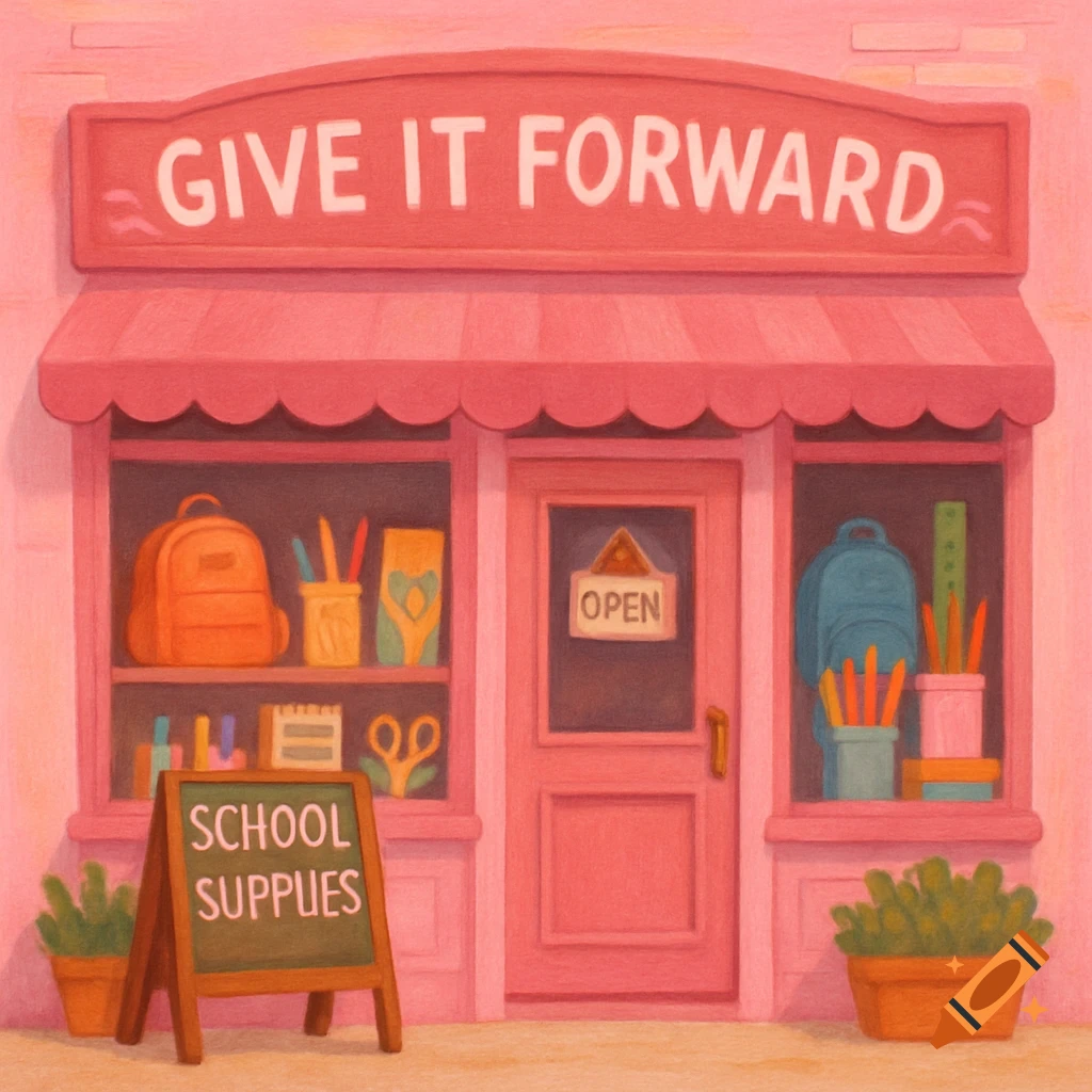 Illustration of a pink store with 'Give It Forward' sign, displaying school supplies in windows, and a 'School Supplies' sign outside.