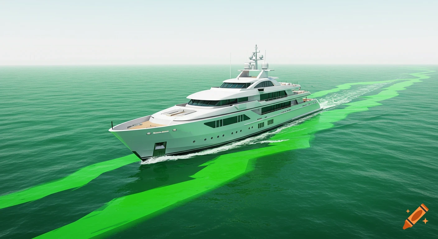A superyacht sails across the sea, leaving a wide green trail behind it.