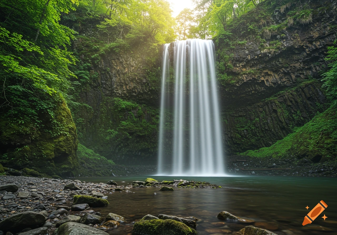 A waterfall cascades down a rocky cliff face surrounded by green forest.