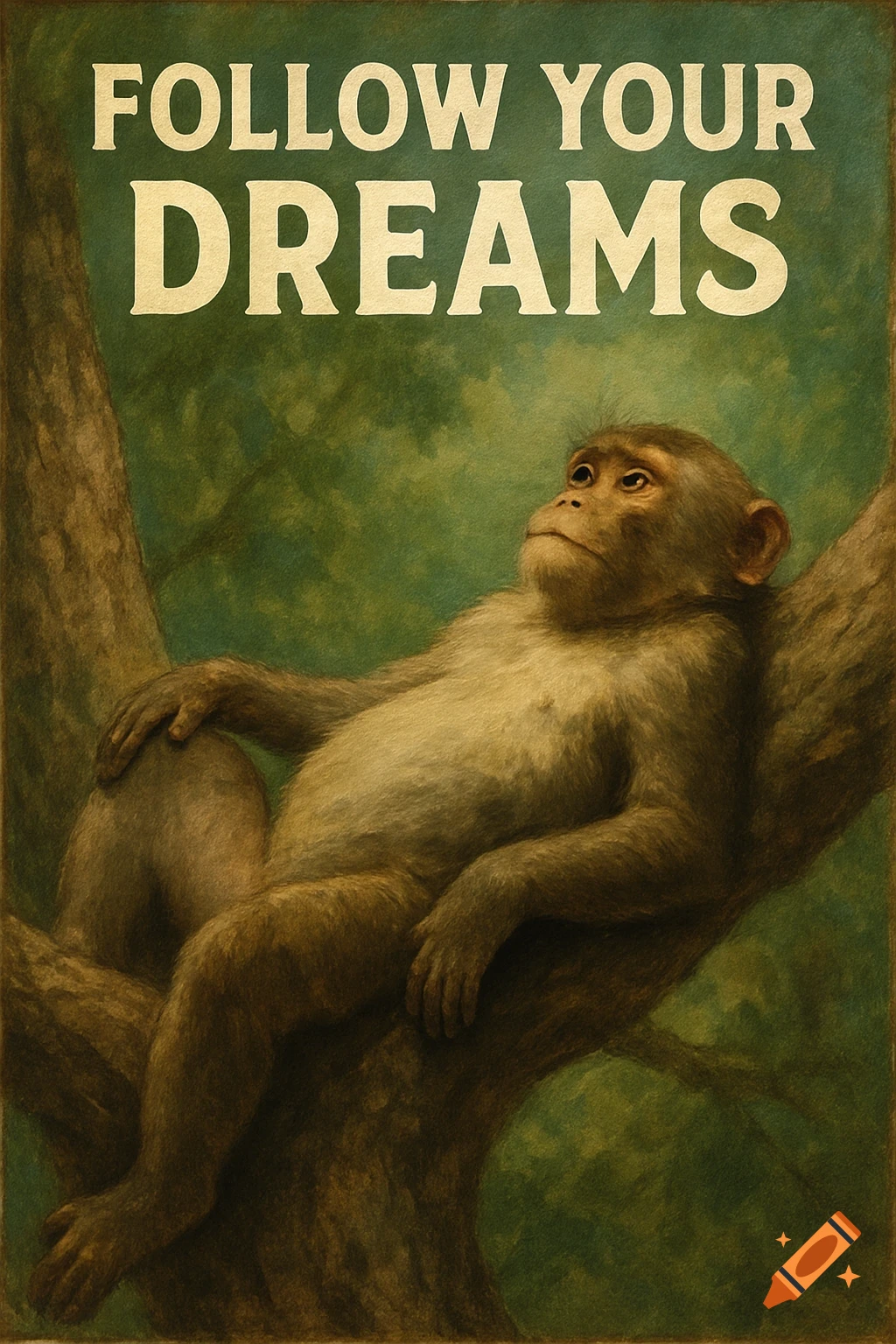 Realistic painting of a monkey lounging in a tree with 'FOLLOW YOUR DREAMS' text.