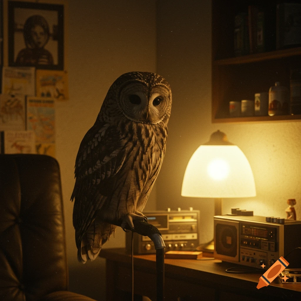 A barred owl perches on a pole in a warm, dimly lit room with vintage electronics and posters in a lofi aesthetic.