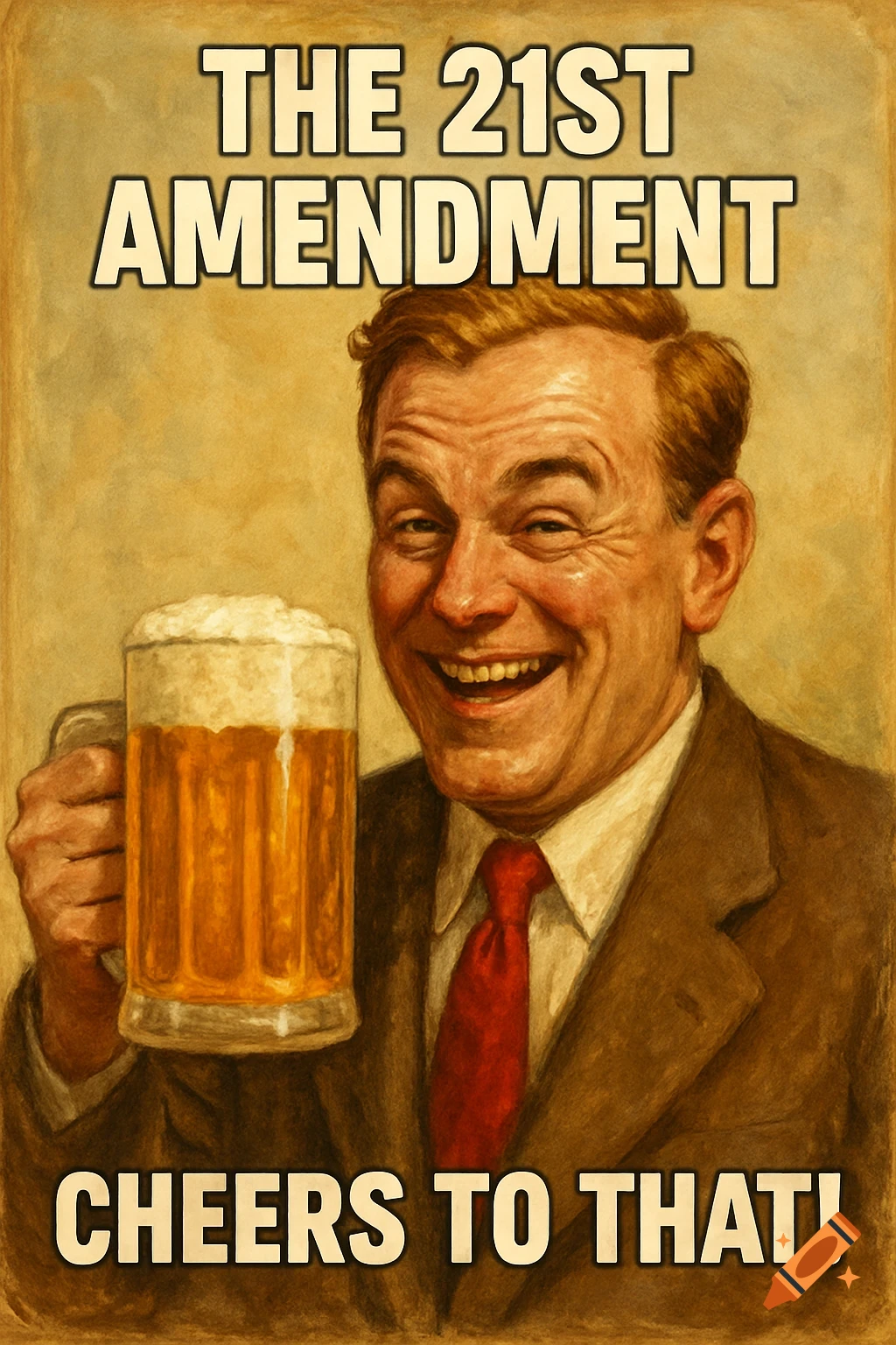 Vintage poster of a smiling man holding a beer mug with text "THE 21ST AMENDMENT CHEERS TO THAT!".