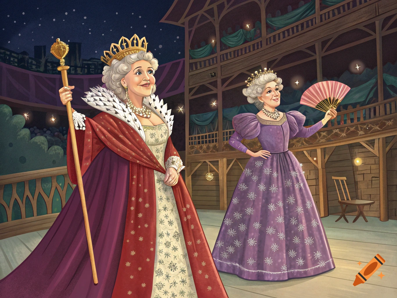 Two women in ornate dresses and crowns on a stage under a starry sky. One holds a scepter, the other a fan. Illustration style.