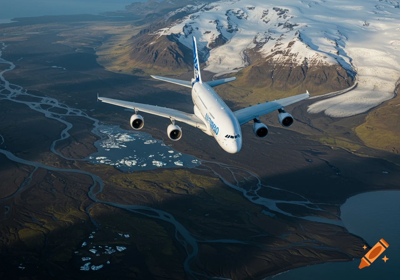 An Airbus A380 airplane flies over a rocky, icy landscape with mountains, rivers, and lakes from an aerial perspective. Photorealistic.