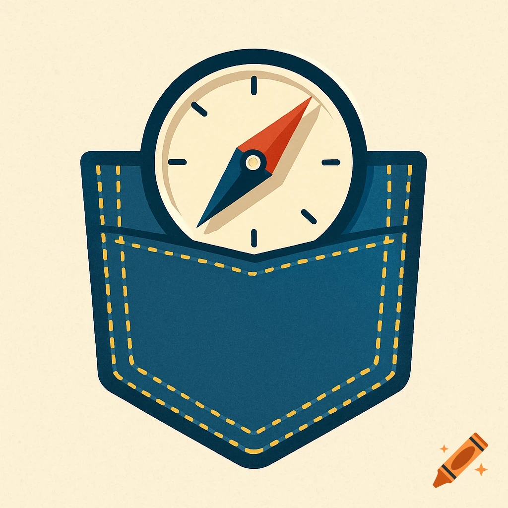 A stylized illustration of a compass placed inside a jean pocket