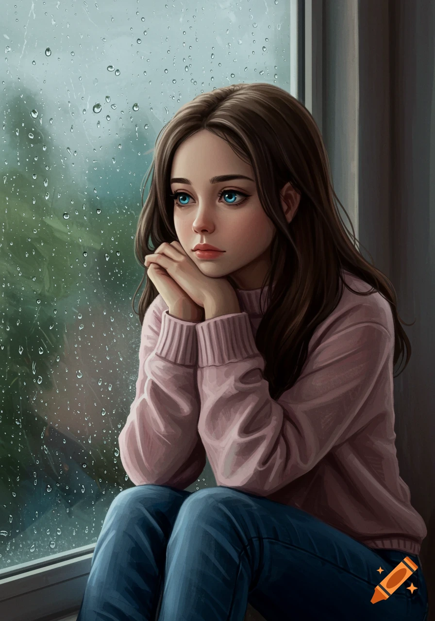 Illustrated girl sits by a rainy window, looking out.