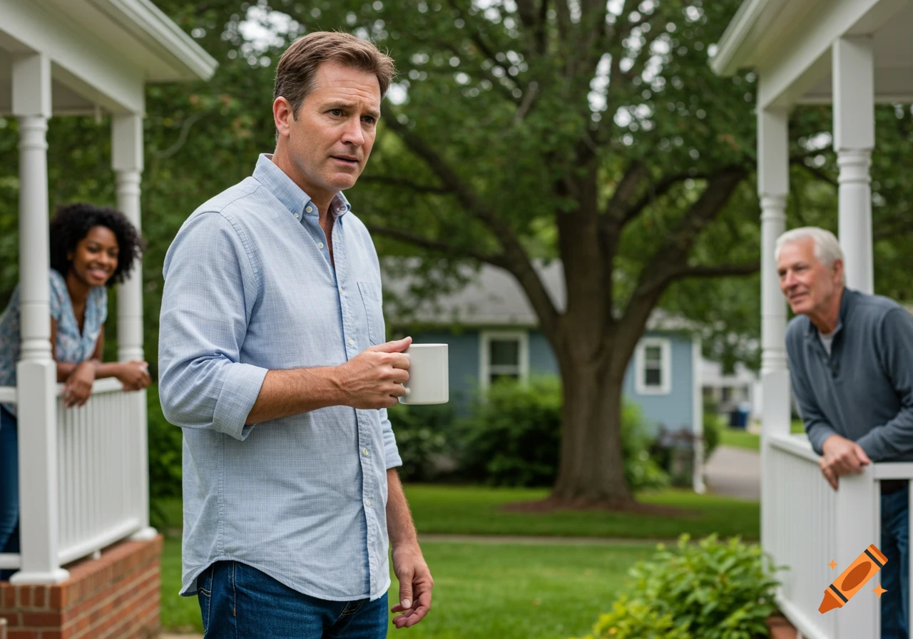 A man holds a mug and looks nervous while two neighbors watch from their porches.