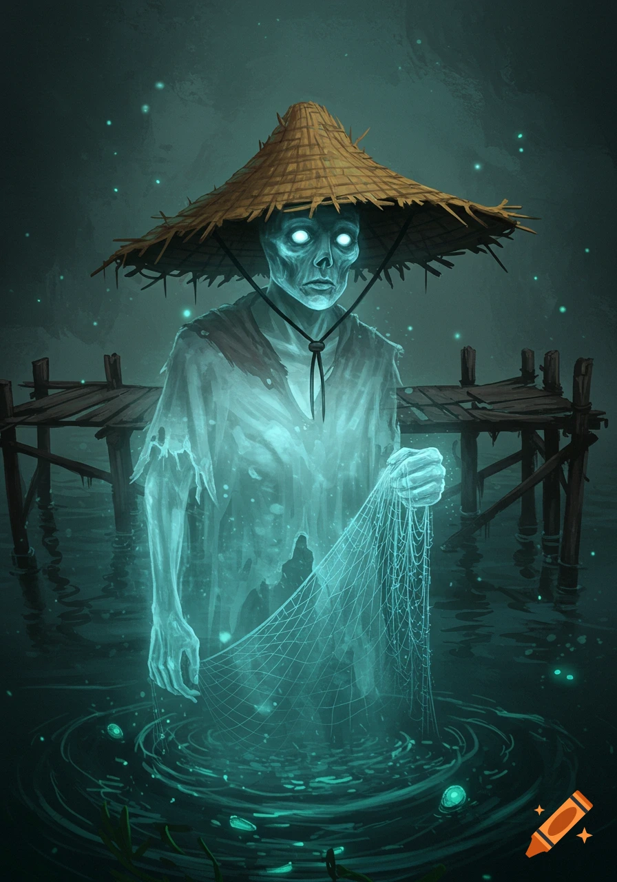 A translucent ghost fisherman in a straw hat stands in dark water holding a net near a wooden dock.