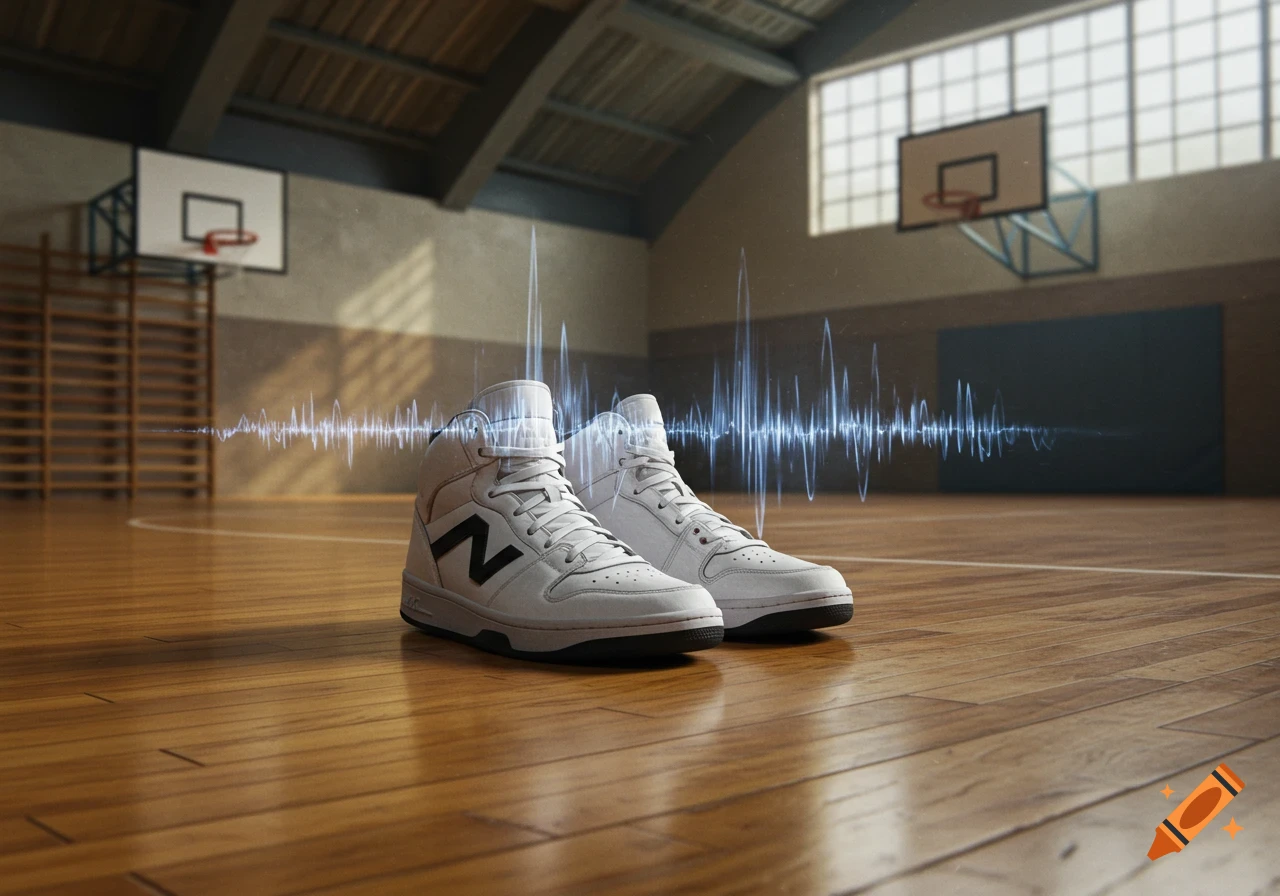 White high-top sneakers sit on a polished wooden gym floor, with a blue sound wave graphic emanating from them.