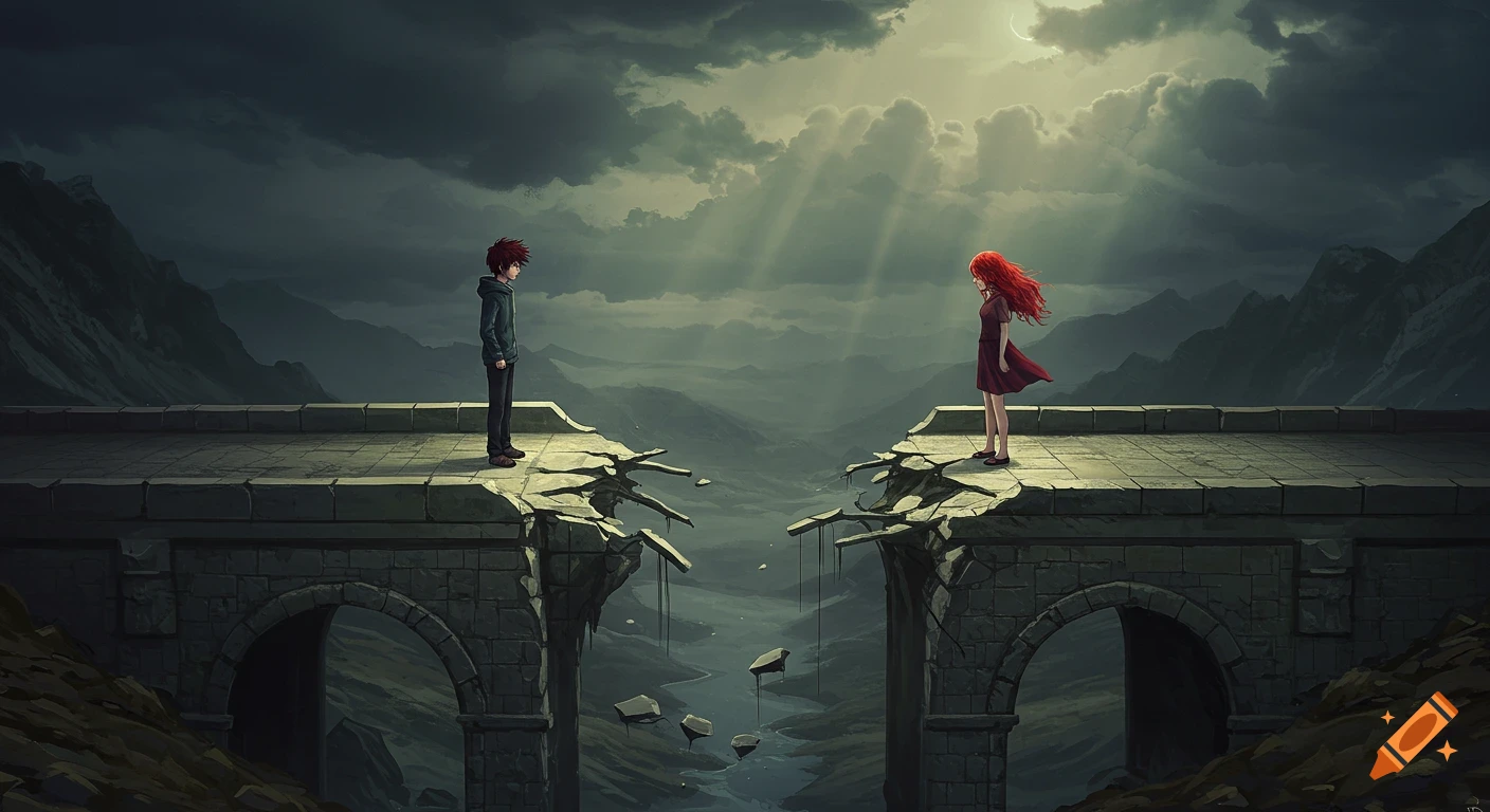 Anime art of a boy and girl standing on opposite sides of a broken bridge under a stormy sky in a mountain valley.