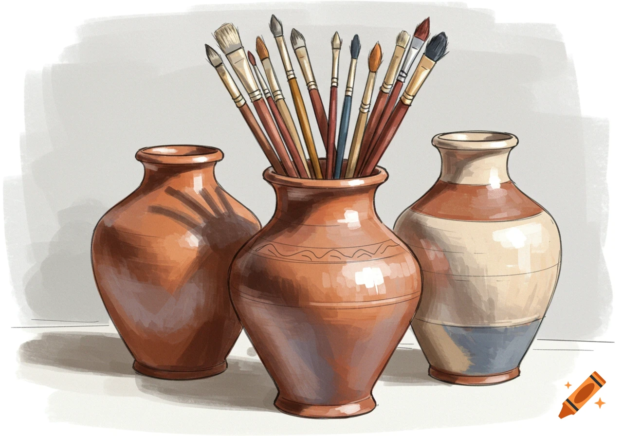 Three sketch-style pottery vases on a surface, the middle one filled with paintbrushes.