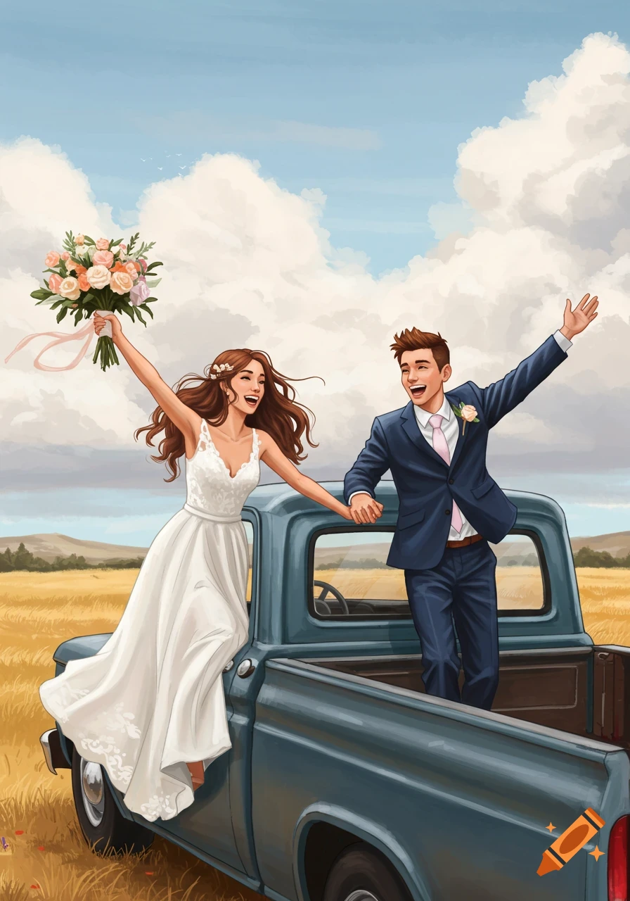 An illustration of a bride and groom celebrating in the back of a pickup truck in a field.