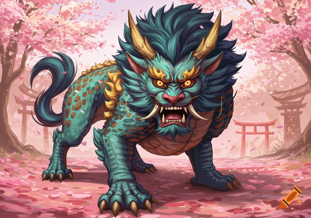 A teal and gold Komainu creature stands in a path covered in pink cherry blossoms, with cherry blossom trees and torii gates in the background. Detailed art style.