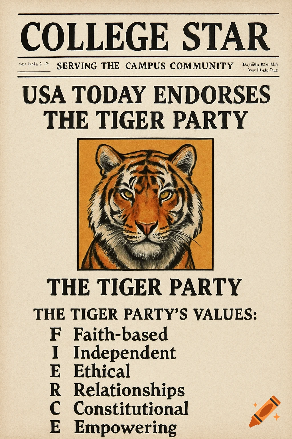 Newspaper with headlines 'COLLEGE STAR' and 'USA TODAY ENDORSES THE TIGER PARTY', and a drawing of a tiger.