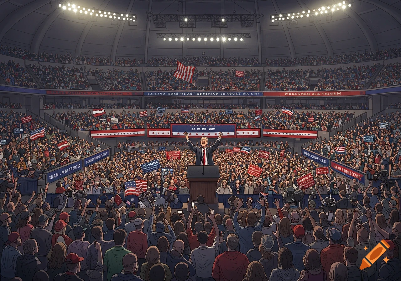 Illustrative depiction of a political speaker addressing a cheering crowd at a large campaign rally in a stadium.